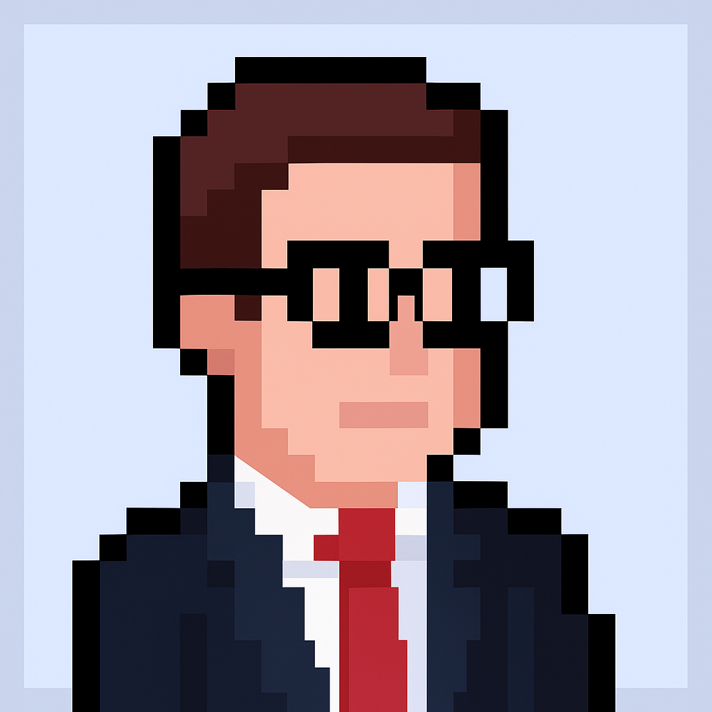 Professional pixel art avatar of QBR meeting agent for key account managers with glasses and business suit