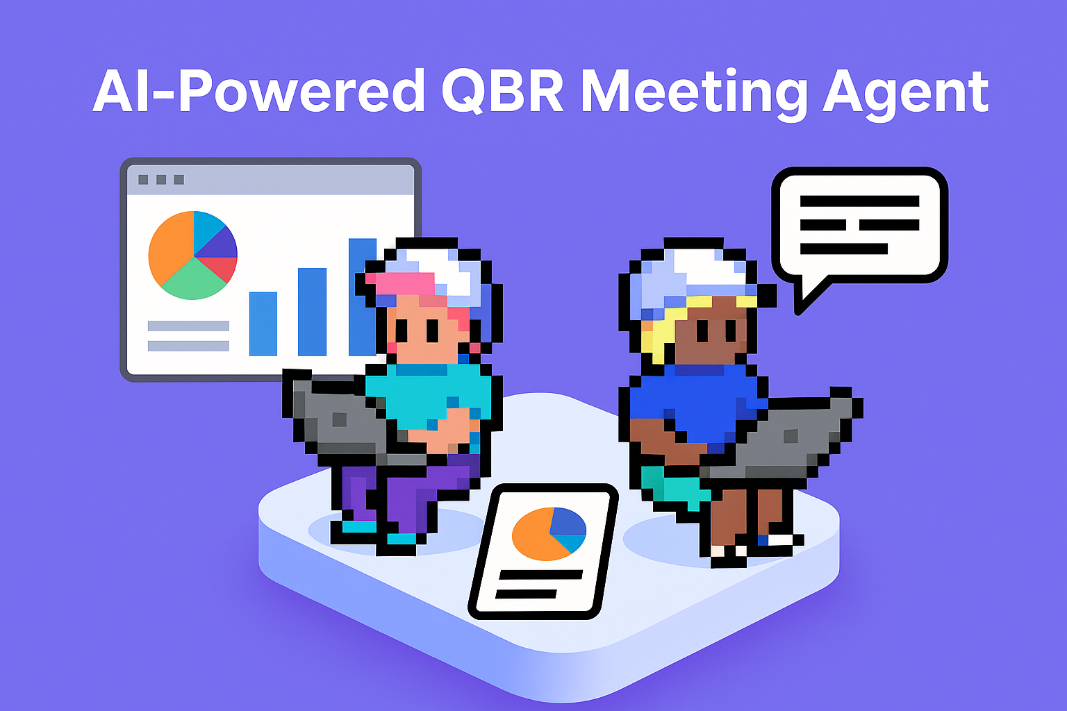 AI-Powered QBR Meeting Agent illustration showing two Key Account Managers using laptops with data visualization charts for automated Quarterly Business Review preparation and analysis