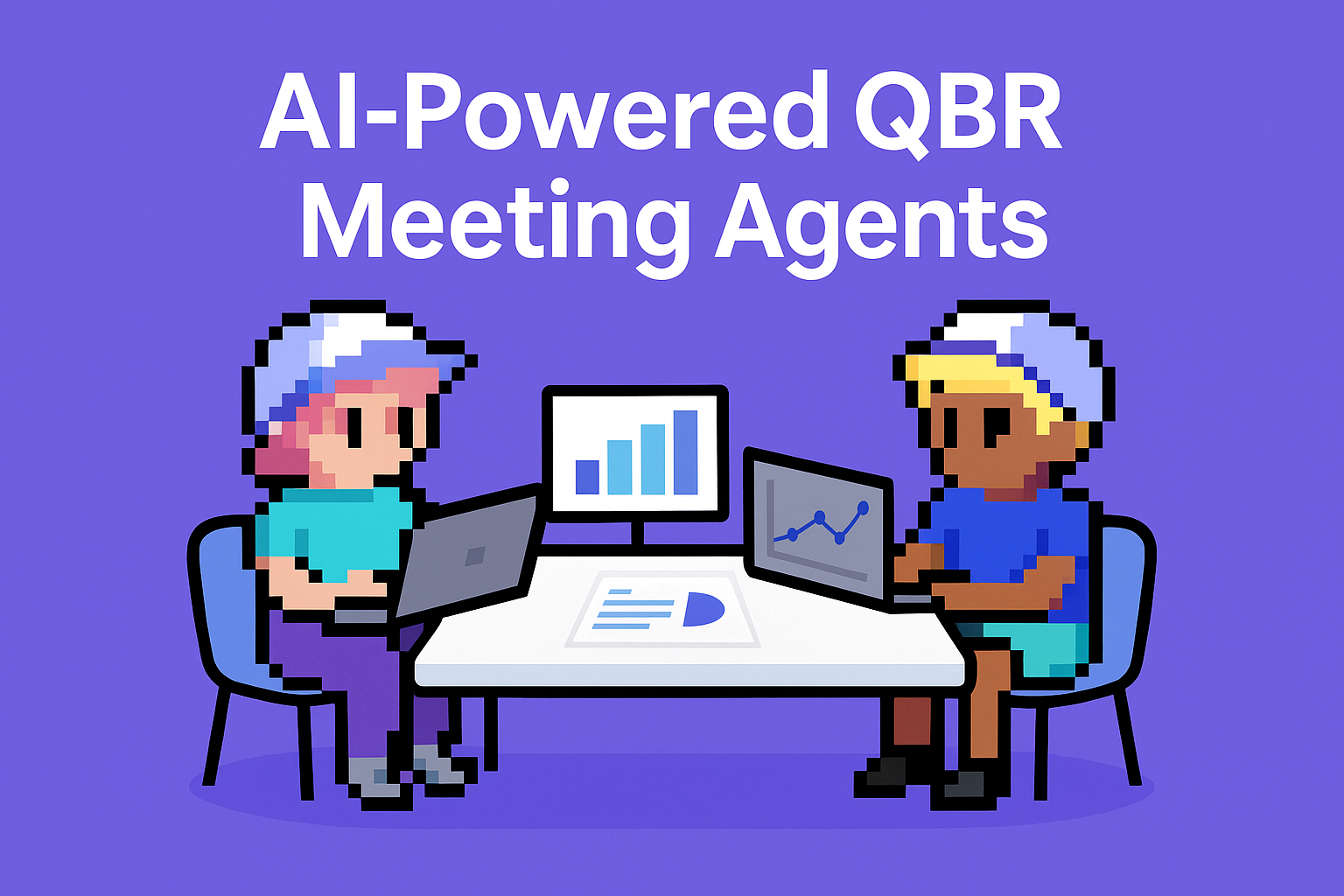AI-Powered QBR Meeting Agents - two key account managers using AI meeting assistant tools with data analytics and quarterly business review automation displayed on screens