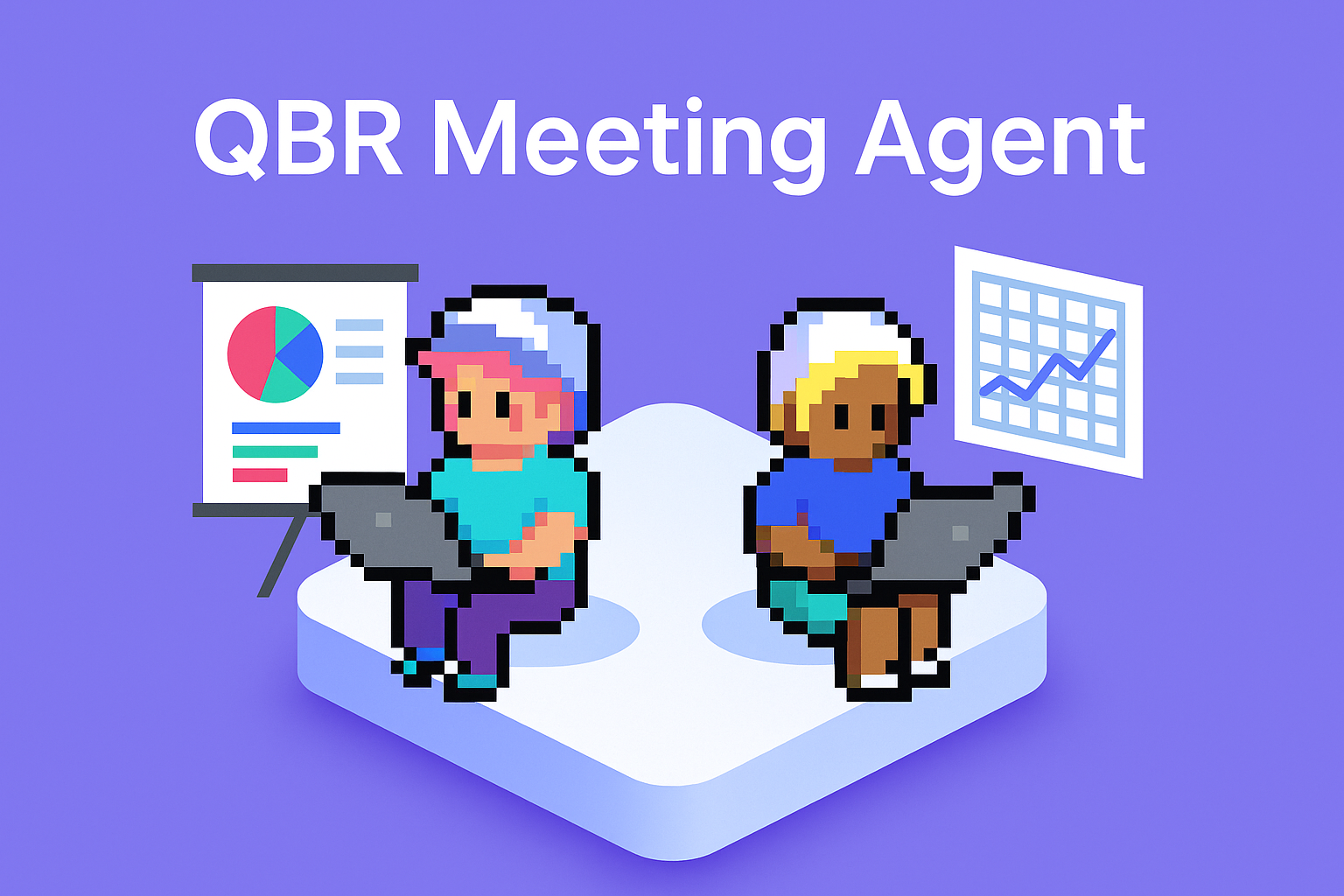 QBR Meeting Agent - two AI assistants analyzing quarterly business review data with presentation charts and KPI dashboards for key account managers