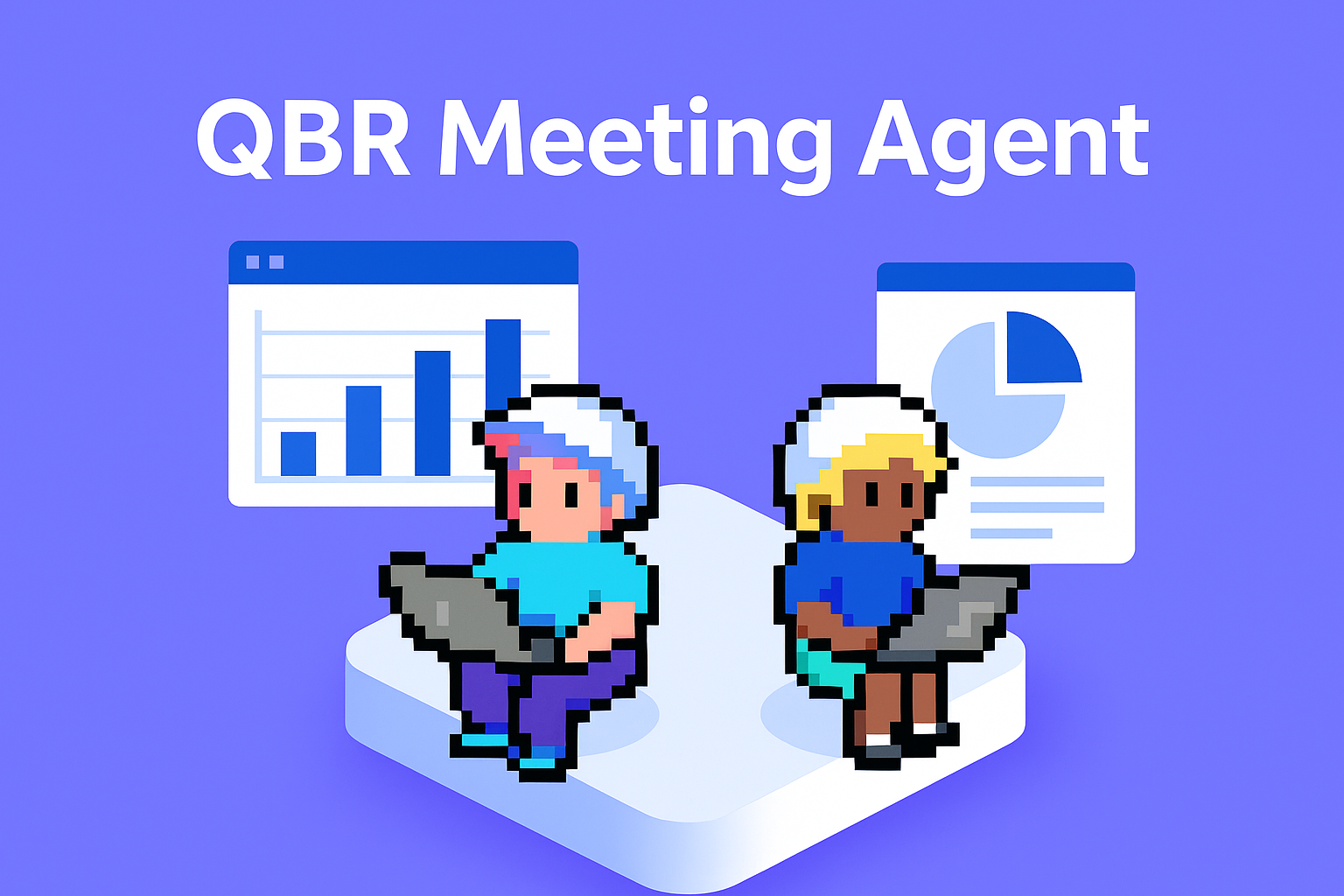 QBR Meeting Agent - two AI agents working with laptops analyzing bar charts and pie charts for Quarterly Business Review automation and Key Account Manager support