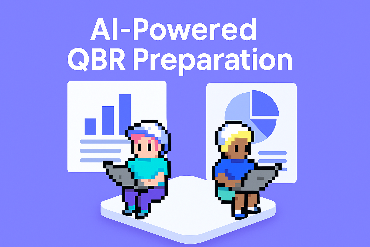 AI-Powered QBR Preparation - two Key Account Managers using laptops with data charts showing quarterly business review automation and meeting planning efficiency