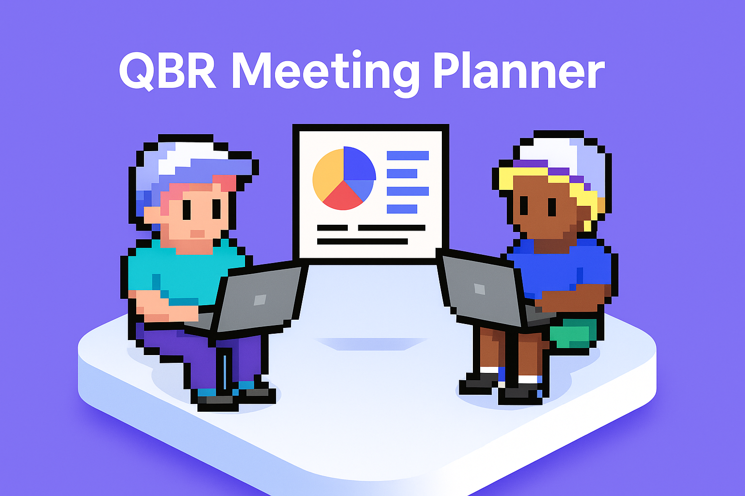 QBR Meeting Planner - two AI agents working on laptops with presentation board showing pie chart for automated quarterly business review preparation