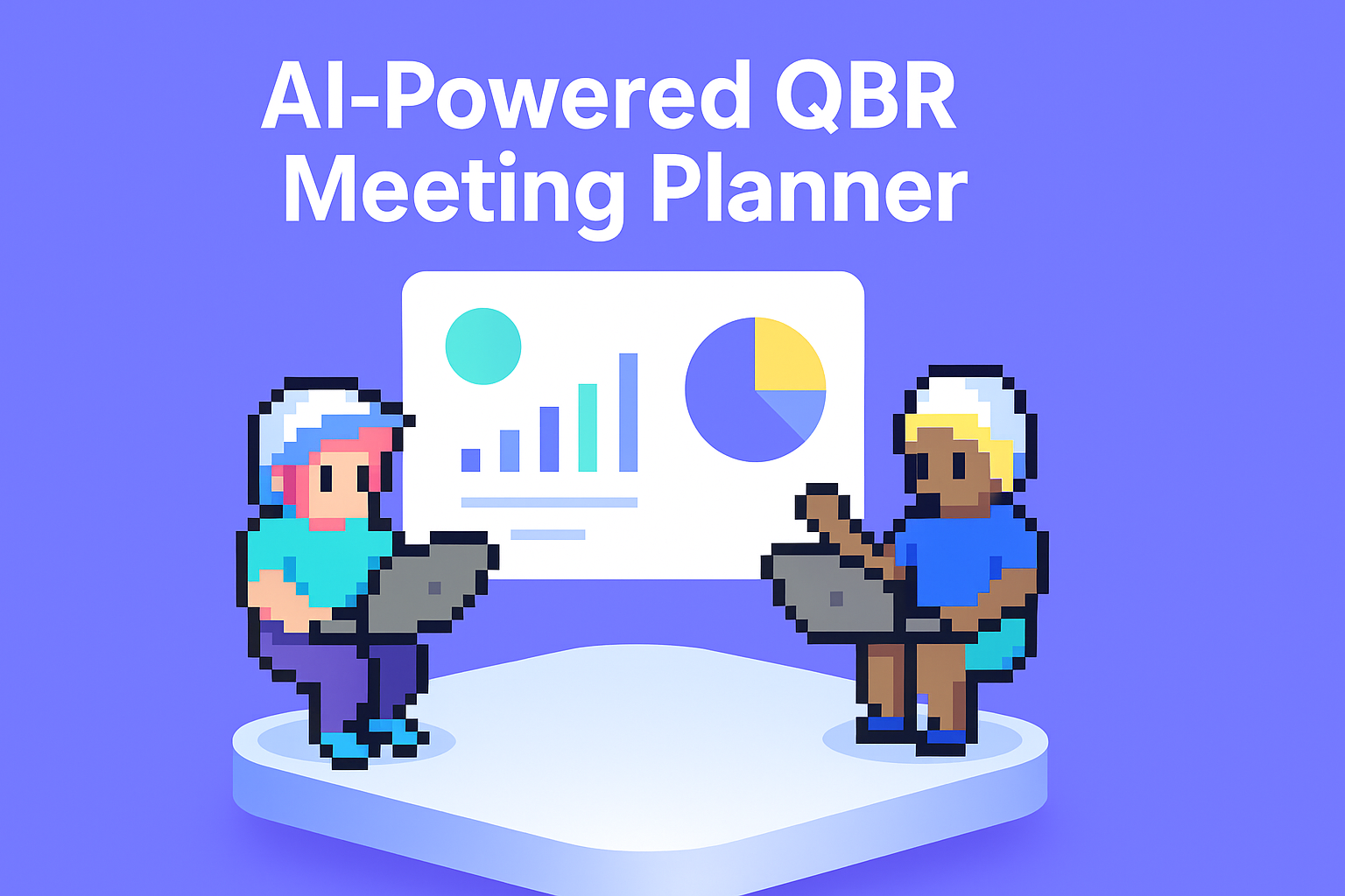 AI-Powered QBR Meeting Planner - Two professionals using laptops with presentation screen showing graphs and charts for quarterly business review automation