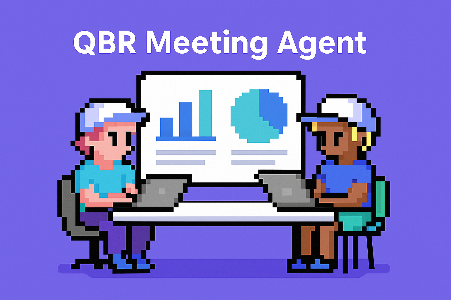 QBR Meeting Agent - pixel art illustration showing two key account managers with laptops analyzing quarterly business review data and performance charts on screen for automated QBR planning