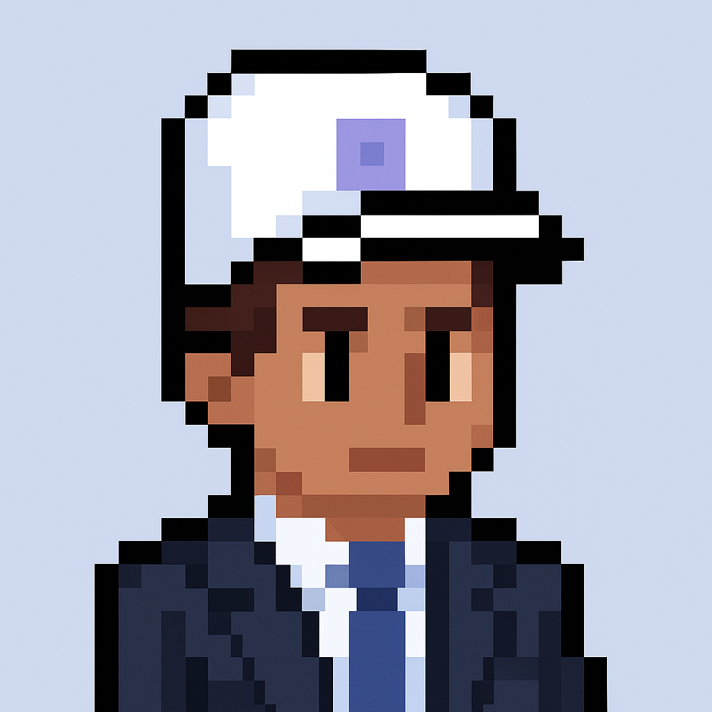 Professional pixel art avatar of QBR meeting agent for key account managers wearing business suit and cap on light blue background