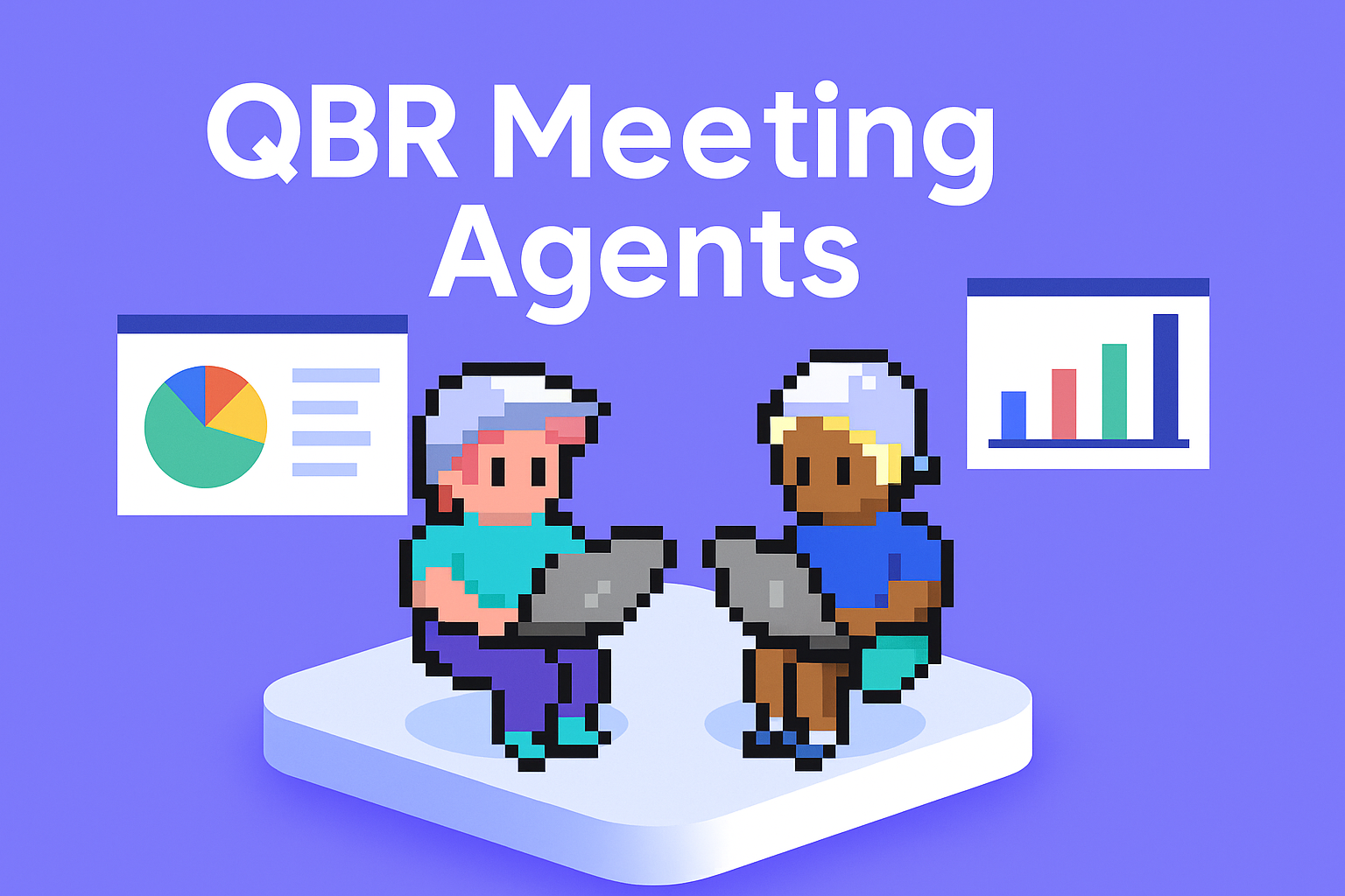 QBR Meeting Agents - Two Key Account Managers using AI agents for quarterly business review preparation with data charts and analytics dashboards displayed on screens