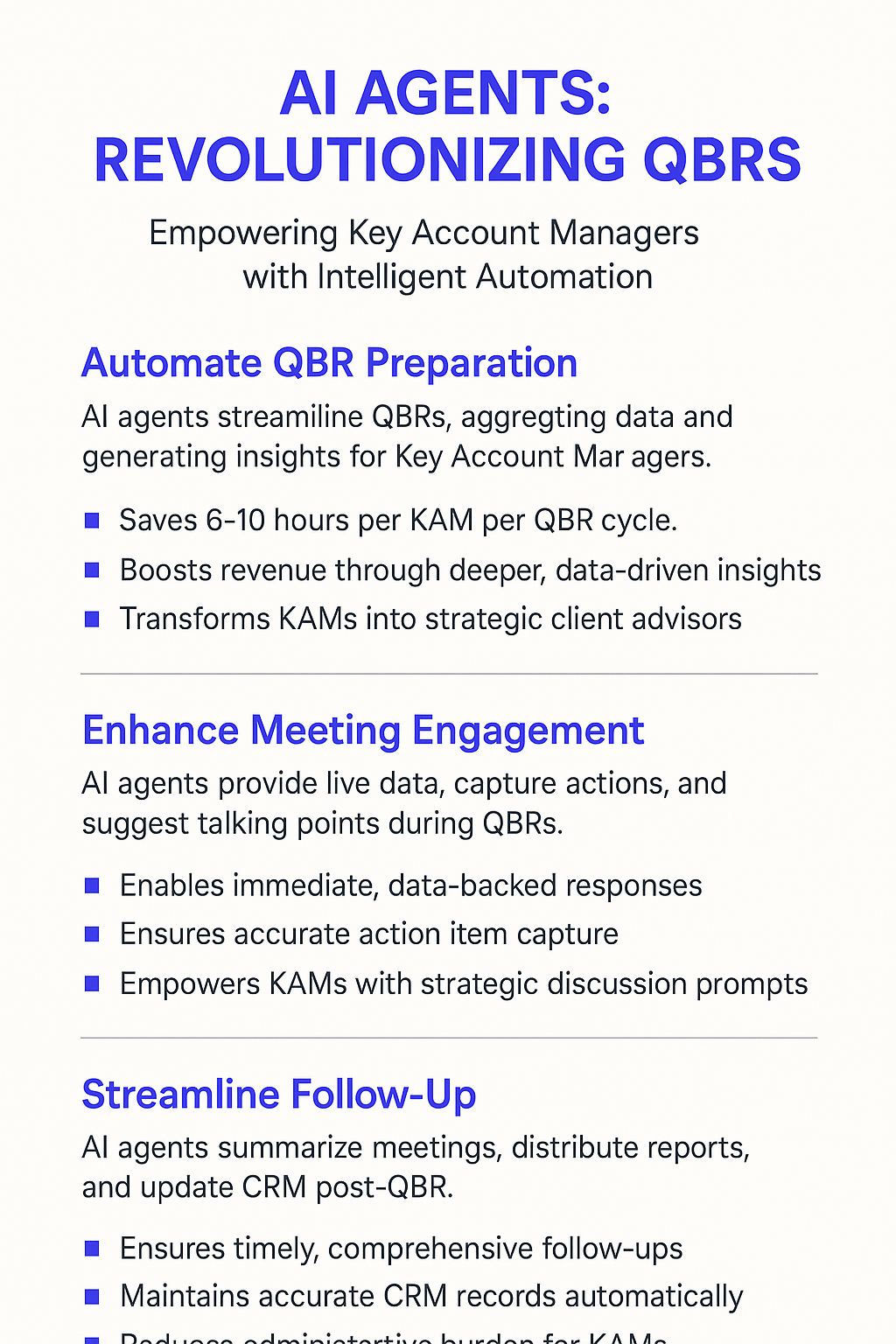 AI Agents Revolutionizing QBRs infographic - Empowering Key Account Managers with intelligent automation for quarterly business review preparation, meeting engagement, and follow-up