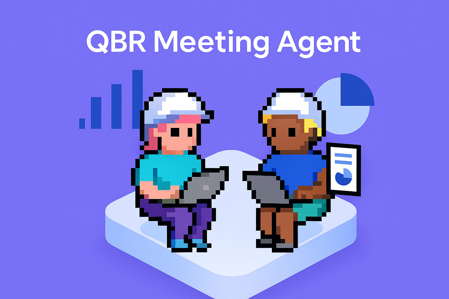 QBR Meeting Agent - Two pixel art professionals using laptops with data visualization charts for quarterly business review automation
