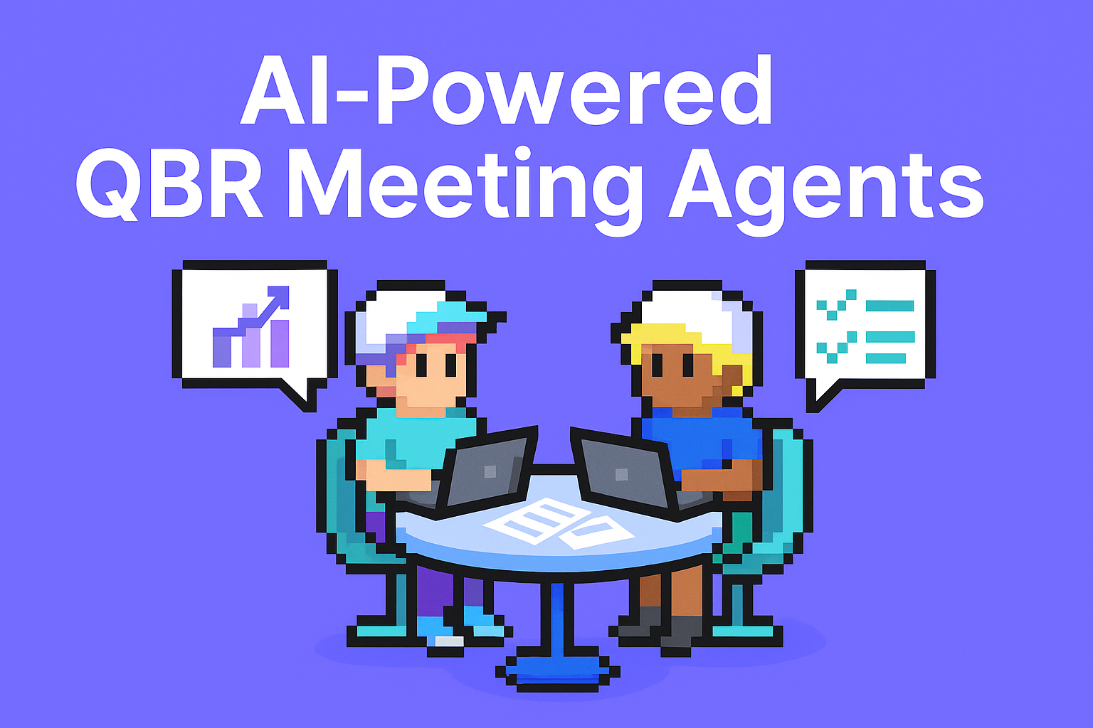 AI-Powered QBR Meeting Agents - Two professionals collaborating with laptops discussing quarterly business review data and insights with AI assistance