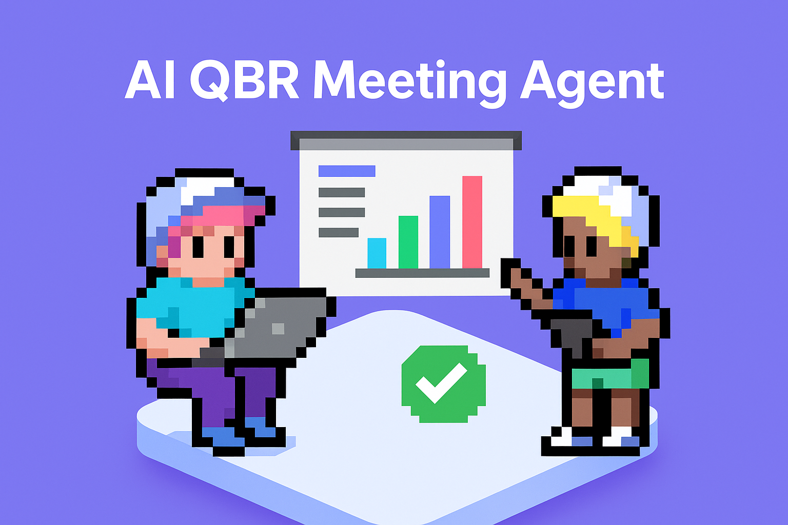 AI QBR Meeting Agent - two professionals collaborating with laptop and tablet displaying bar graphs for quarterly business review automation