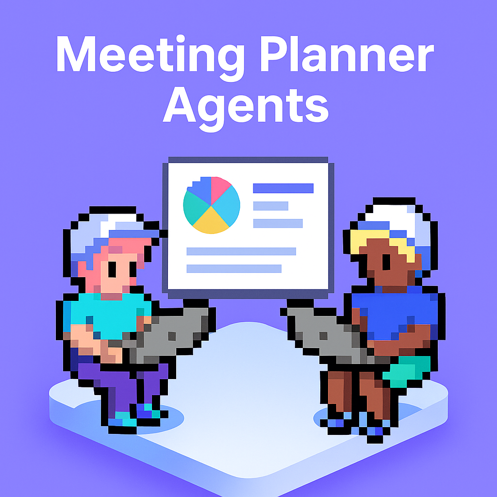 Meeting Planner Agents - AI-powered quarterly business review automation showing two professionals using laptops with QBR presentation screen displaying pie chart analytics