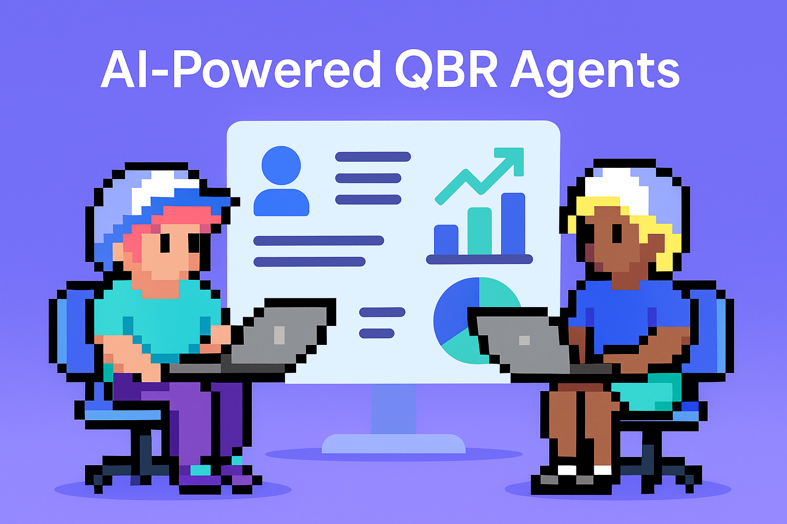 AI-Powered QBR Agents - two key account managers using AI technology for quarterly business review meetings with data analytics dashboard