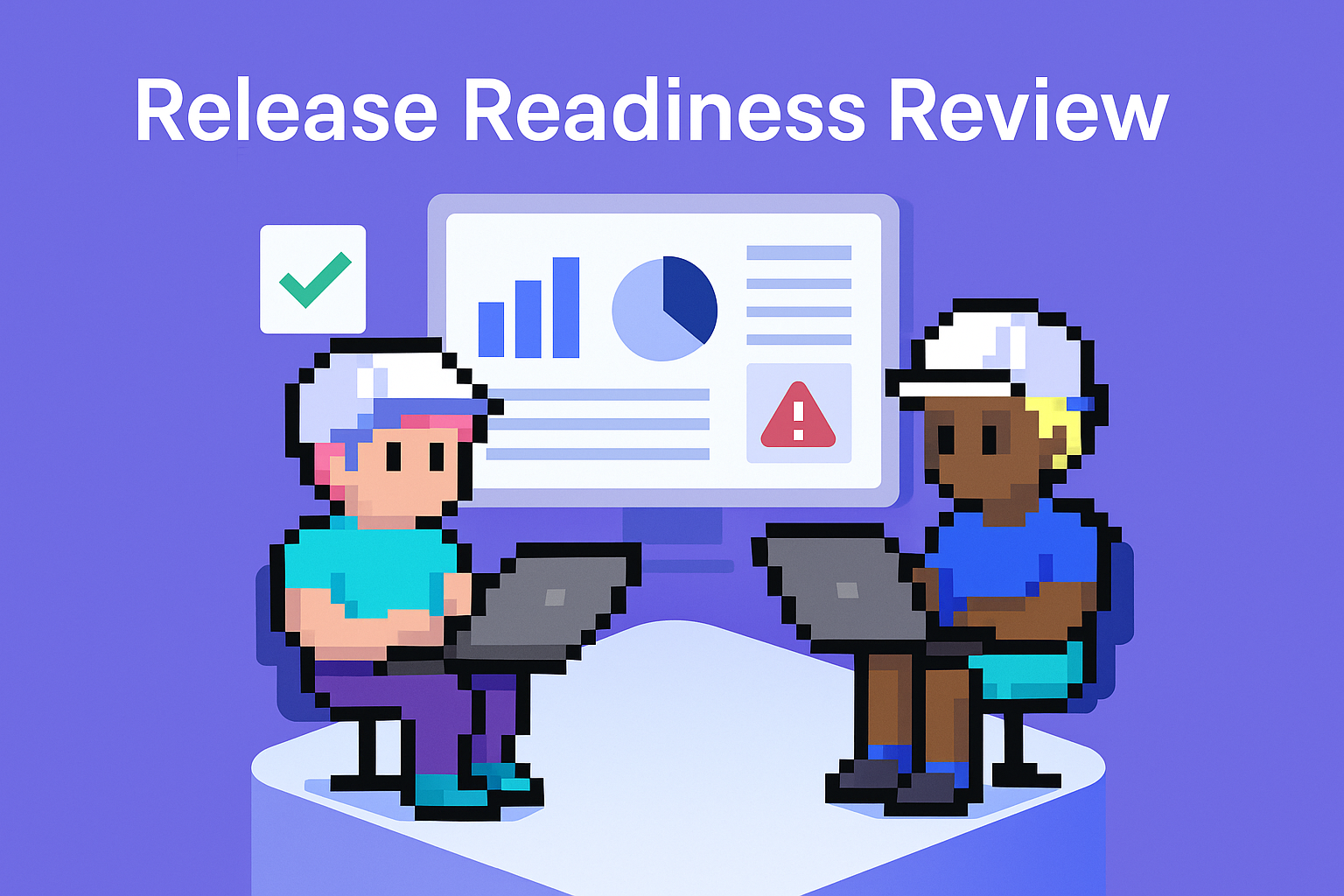 Release Readiness Review meeting with AI agents showing two quality assurance managers using program management release checklist and software deployment checklist