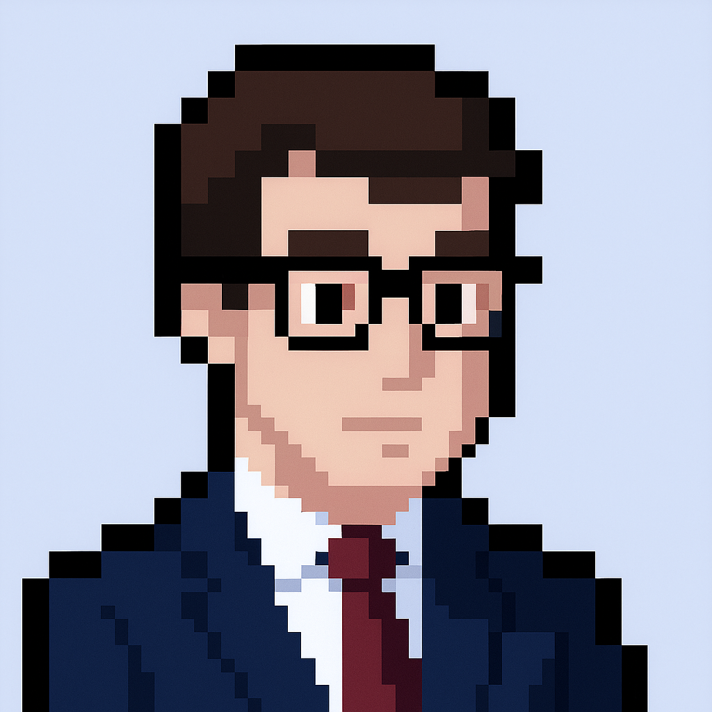 Solution architecture review meeting agent avatar - professional pixel art character with glasses and business suit for AI-powered design review processes