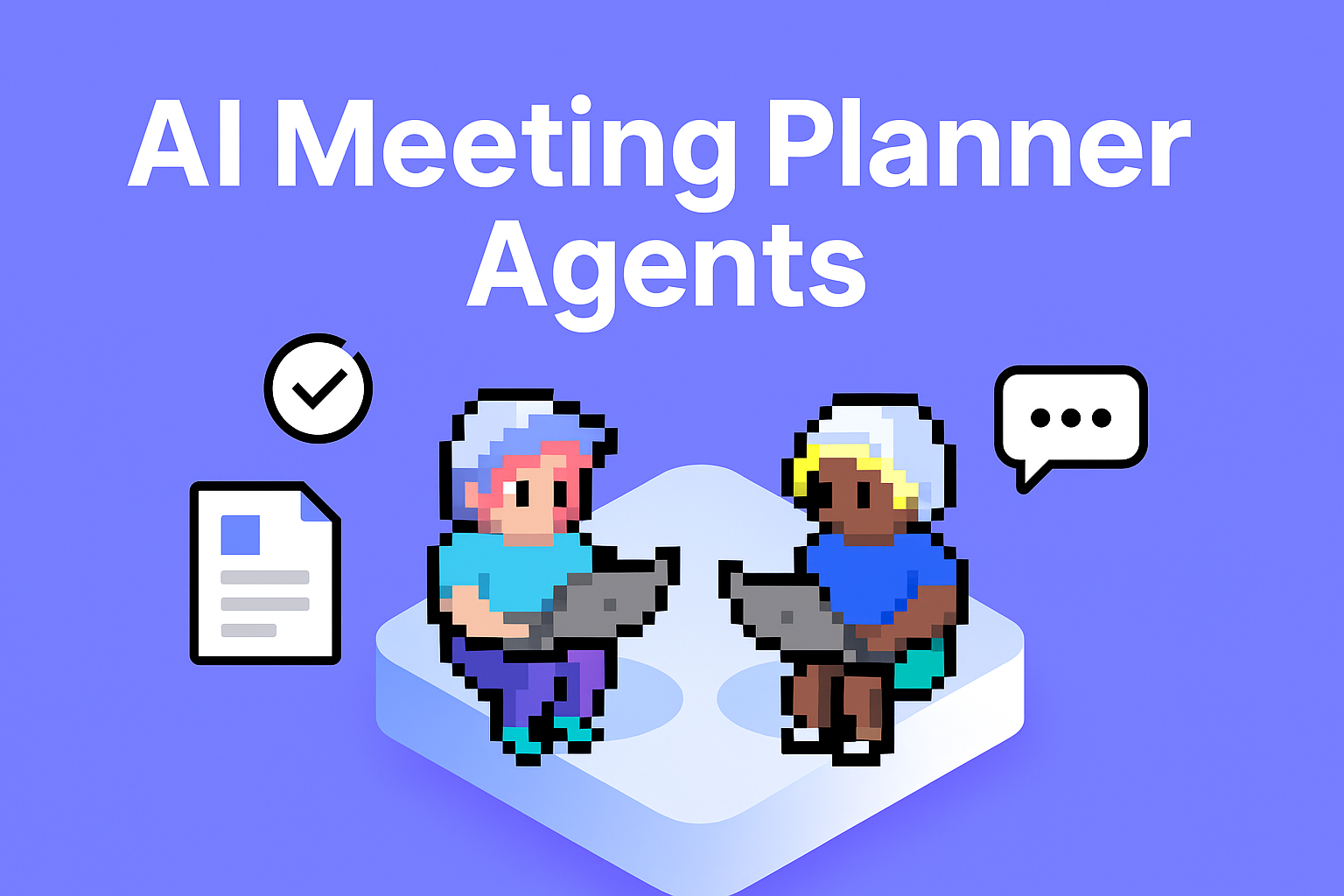 AI Meeting Planner Agents for solution architecture review - two pixel art professionals collaborating on laptops with document and communication icons