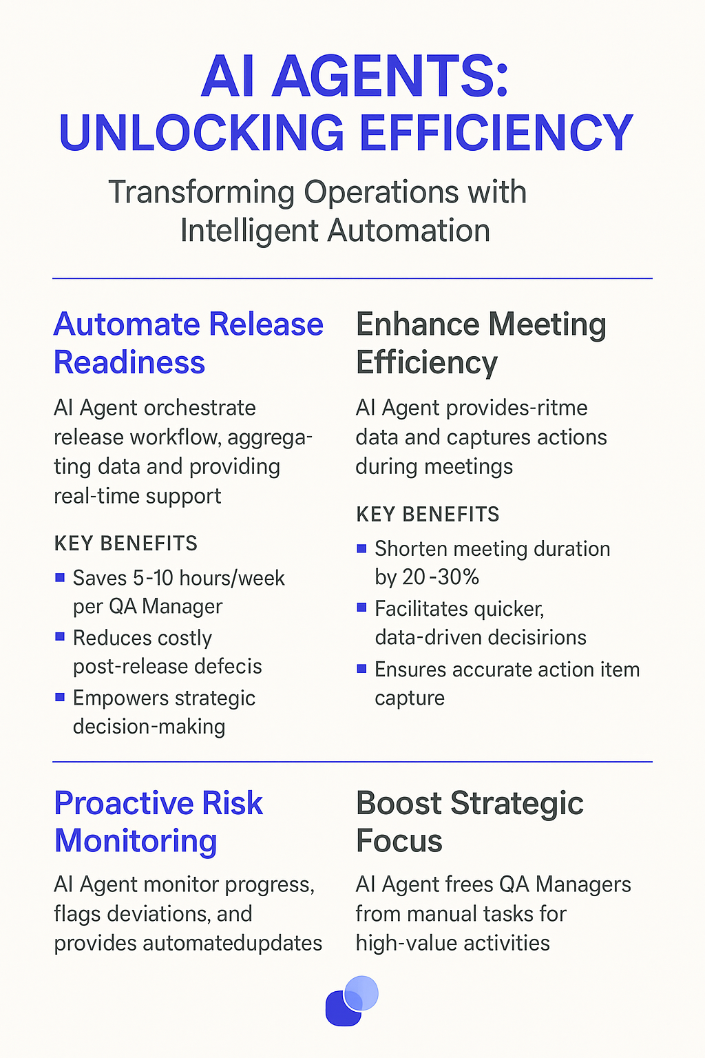 AI Agents infographic showing release readiness automation workflow for program management release checklist and software production readiness review processes