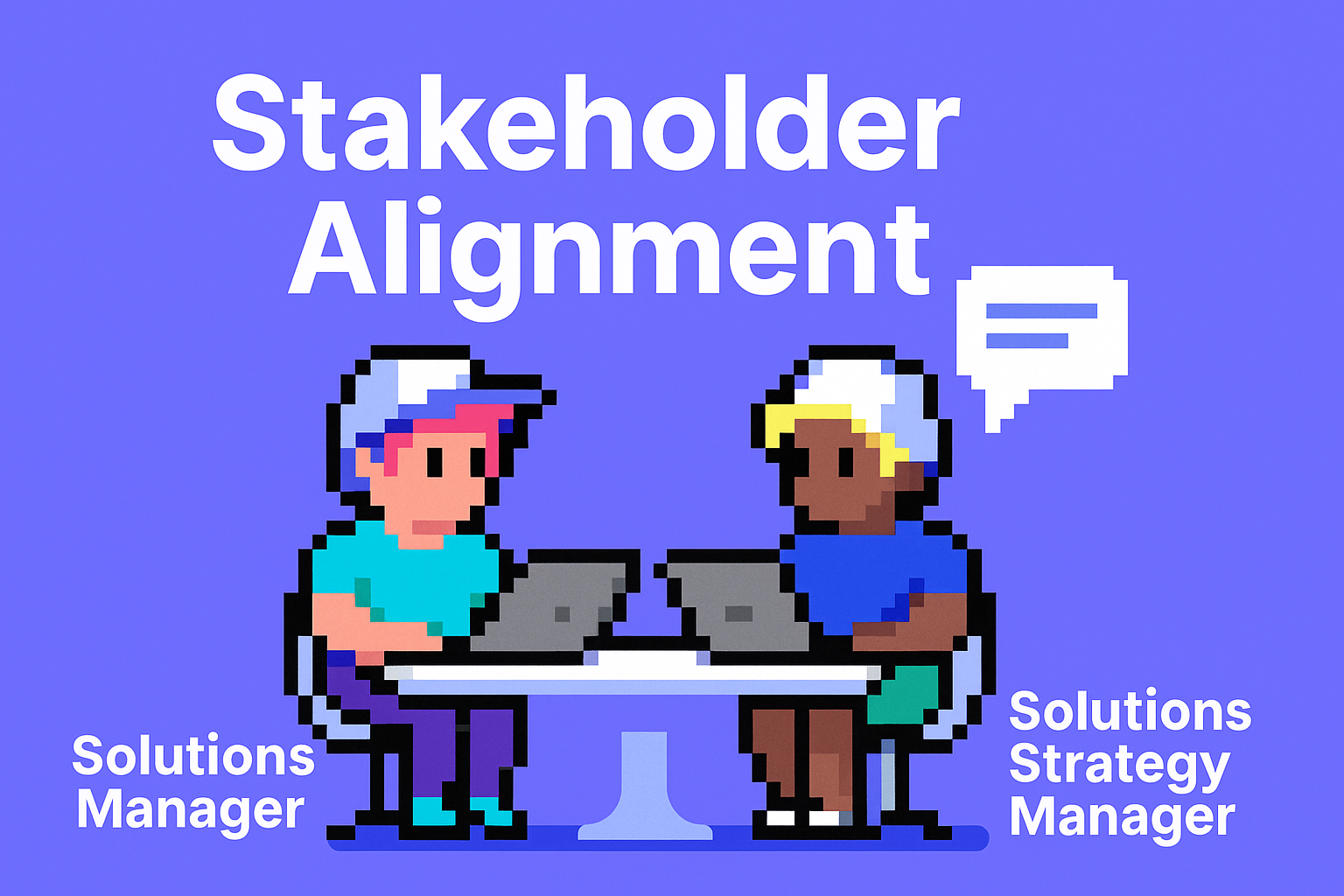 Stakeholder Alignment AI meeting planner showing Solutions Manager and Solutions Strategy Manager collaborating with laptops for automated meeting coordination
