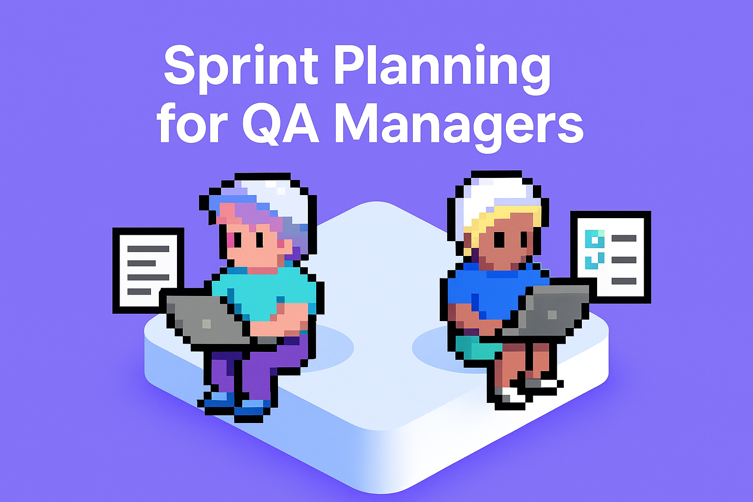 Sprint Planning for QA Managers - two AI agents collaborating on laptops demonstrating automated agile sprint planning meeting software for quality assurance teams