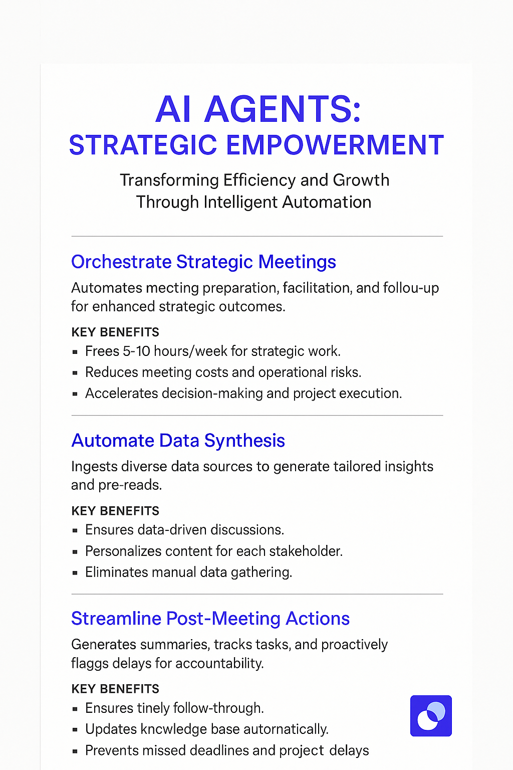 AI Agents Strategic Empowerment infographic detailing orchestrate strategic meetings, automate data synthesis, and streamline post-meeting actions for solutions strategy managers with key benefits and time savings