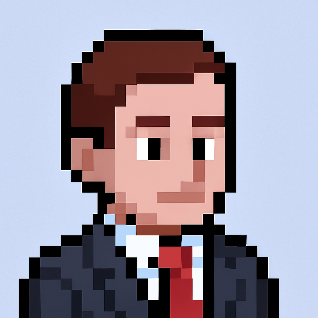 Professional key account manager AI agent avatar in pixel art style wearing business suit for stakeholder alignment meetings