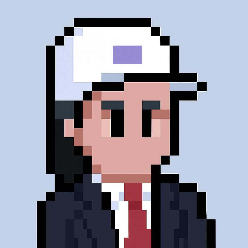 AI stakeholder alignment meeting agent avatar for key account managers - professional pixel art character in business suit with white cap