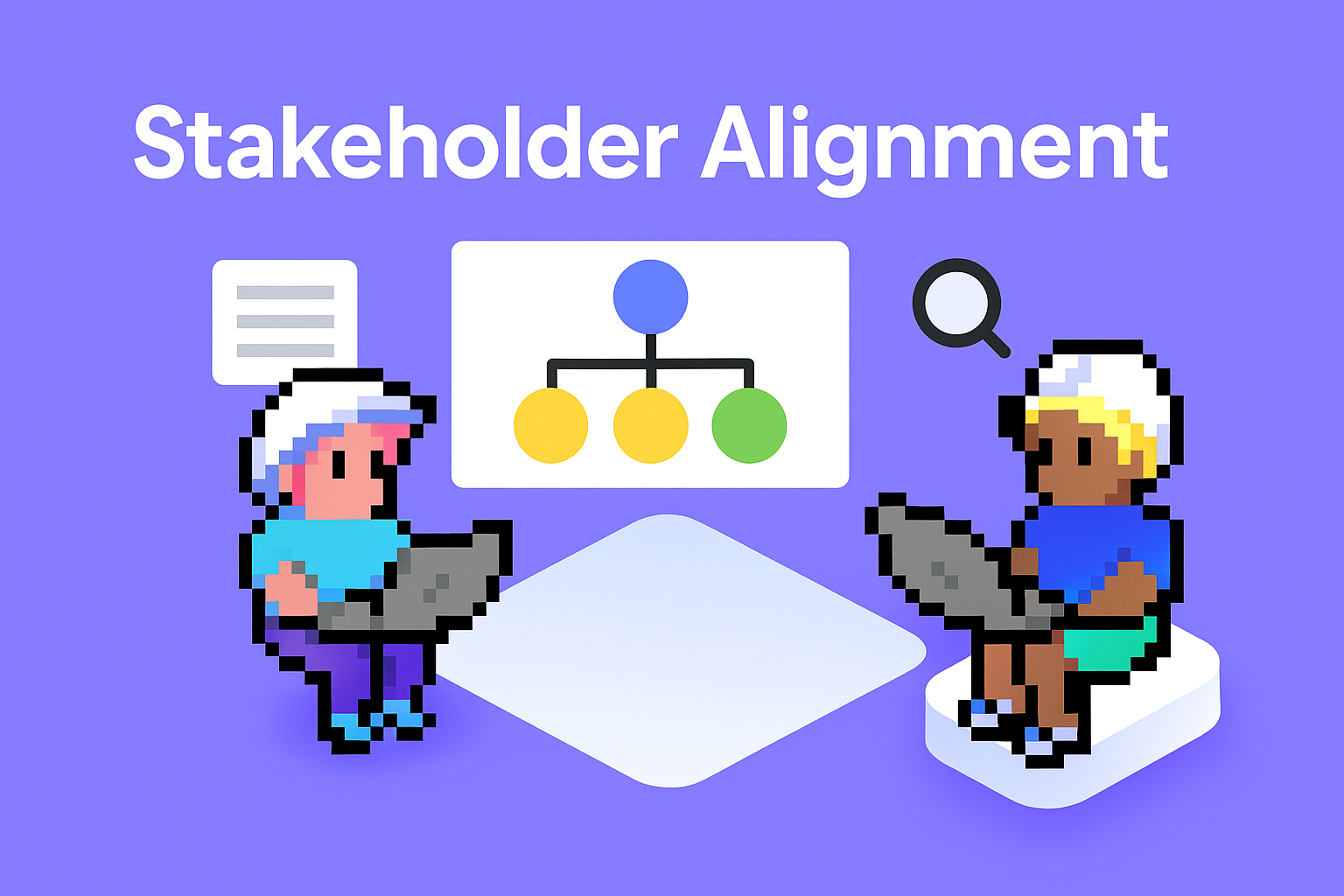 Stakeholder alignment meeting planning with AI agents - two professionals working on laptops with stakeholder mapping flowchart and analysis tools