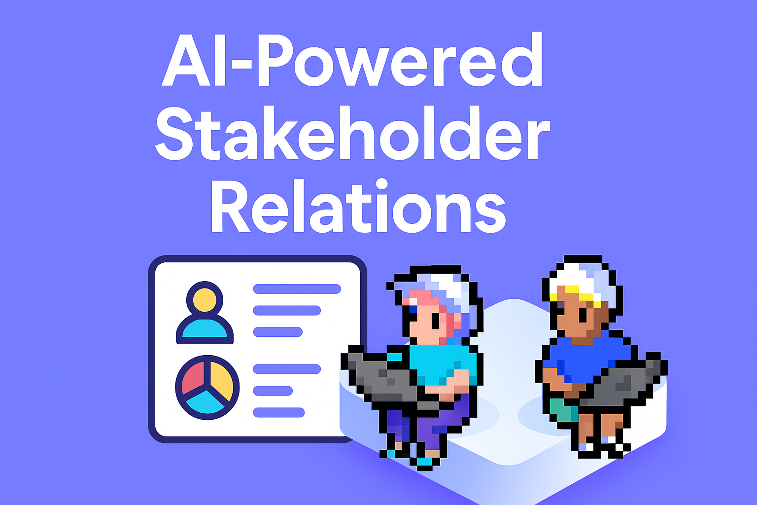 AI-Powered Stakeholder Relations planning dashboard showing two PR professionals using laptops for stakeholder engagement plan template and communication strategy