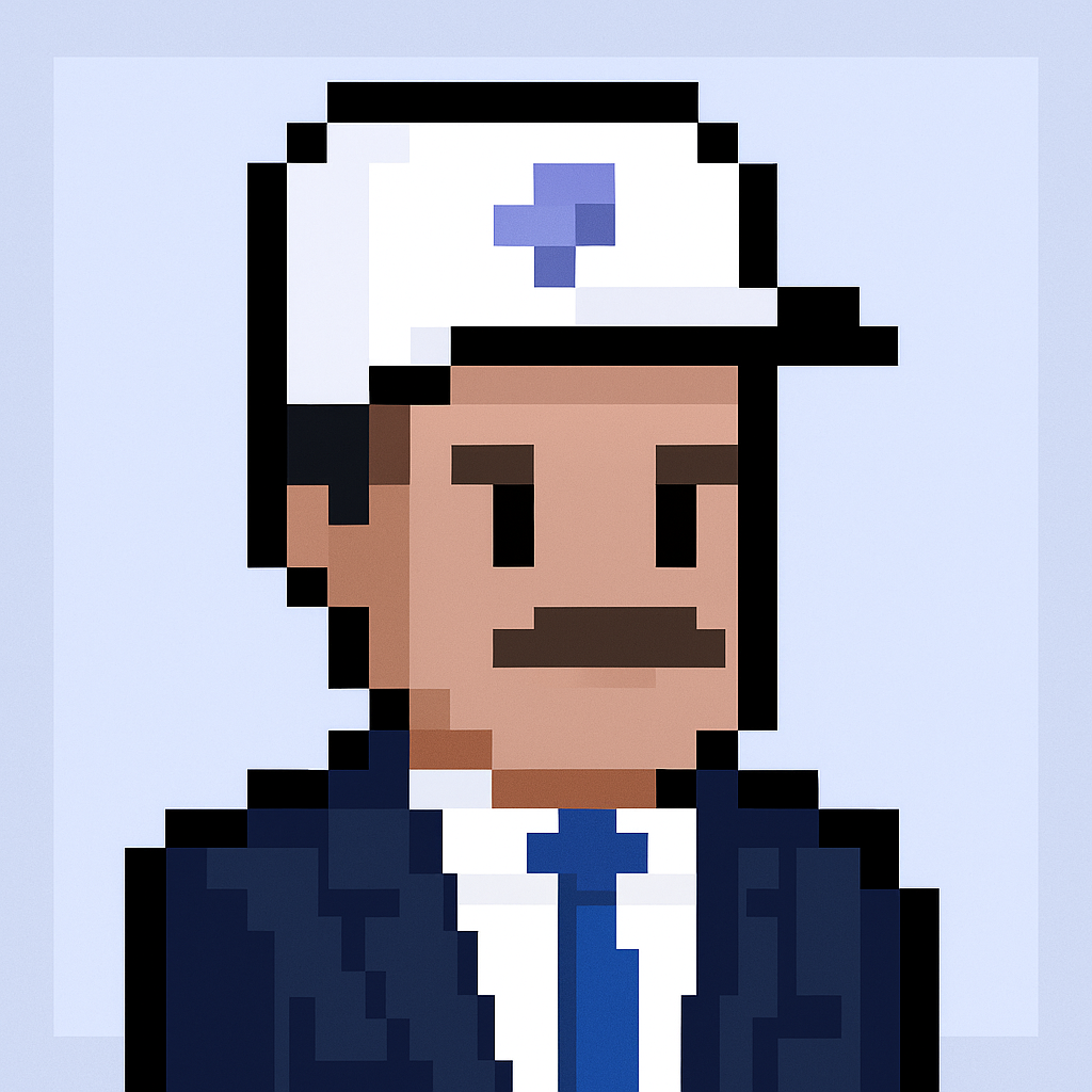 Strategic account planning AI agent avatar for government sales managers - professional pixel art character with mustache wearing white cap and blue tie