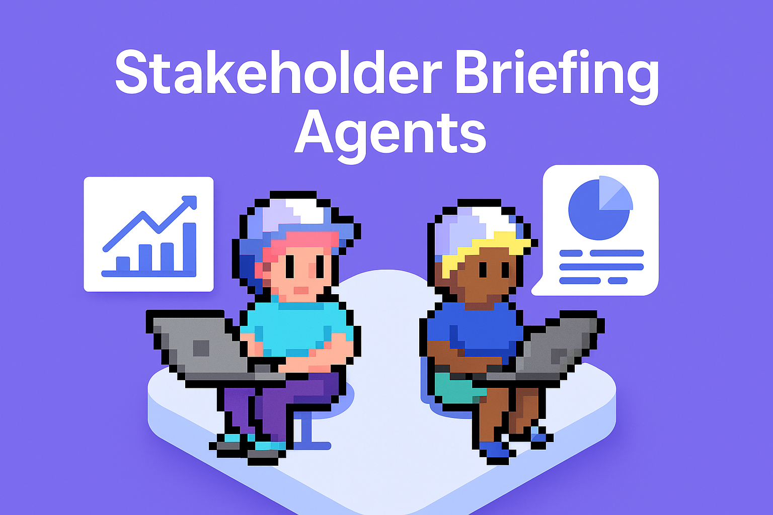 Stakeholder Briefing Agents - two professionals working on laptops with analytics and reporting icons, demonstrating creative brief examples and content strategy automation