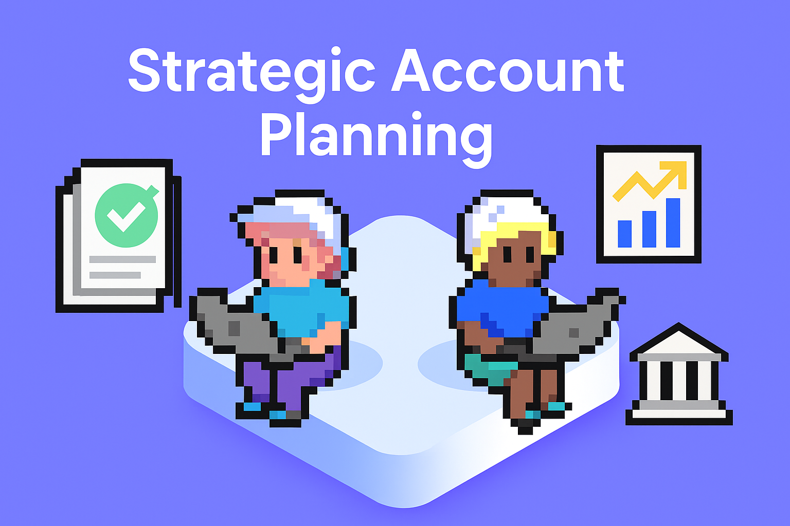 Strategic Account Planning AI agents for public sector sales - two professionals collaborating on laptops with government building, compliance checkmarks, and growth charts showing automated account strategy plan development