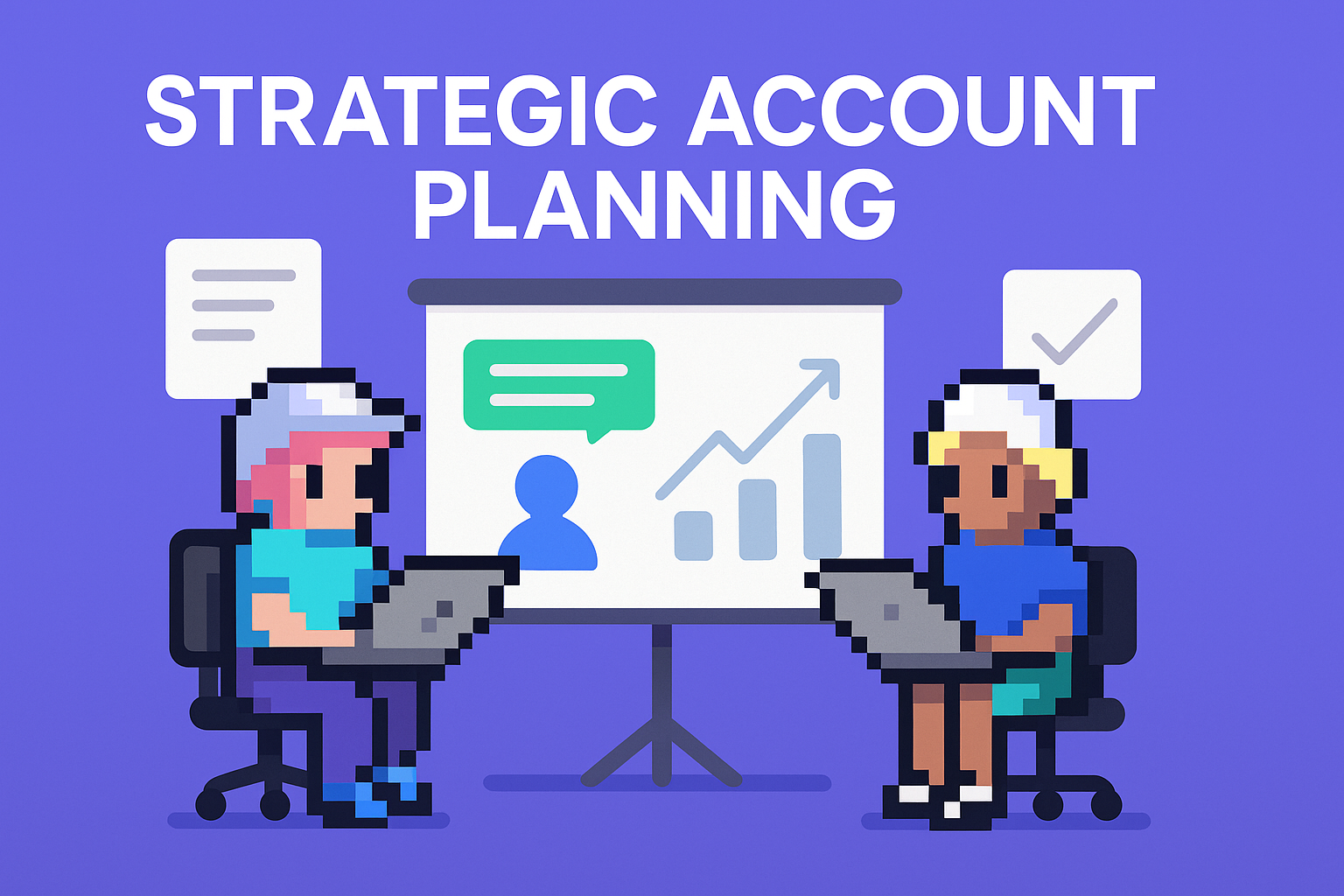 Strategic Account Planning meeting with AI agents - two key account managers collaborating with laptops and presentation screen showing growth trends for automated account strategy development