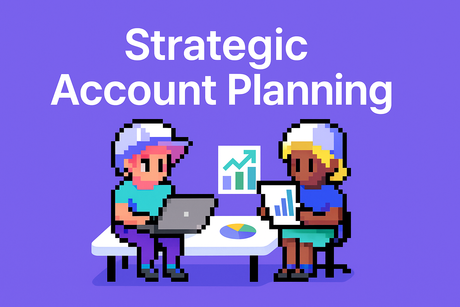 Strategic Account Planning - pixel art illustration showing key account managers using AI agents for automated data analysis and account strategy development