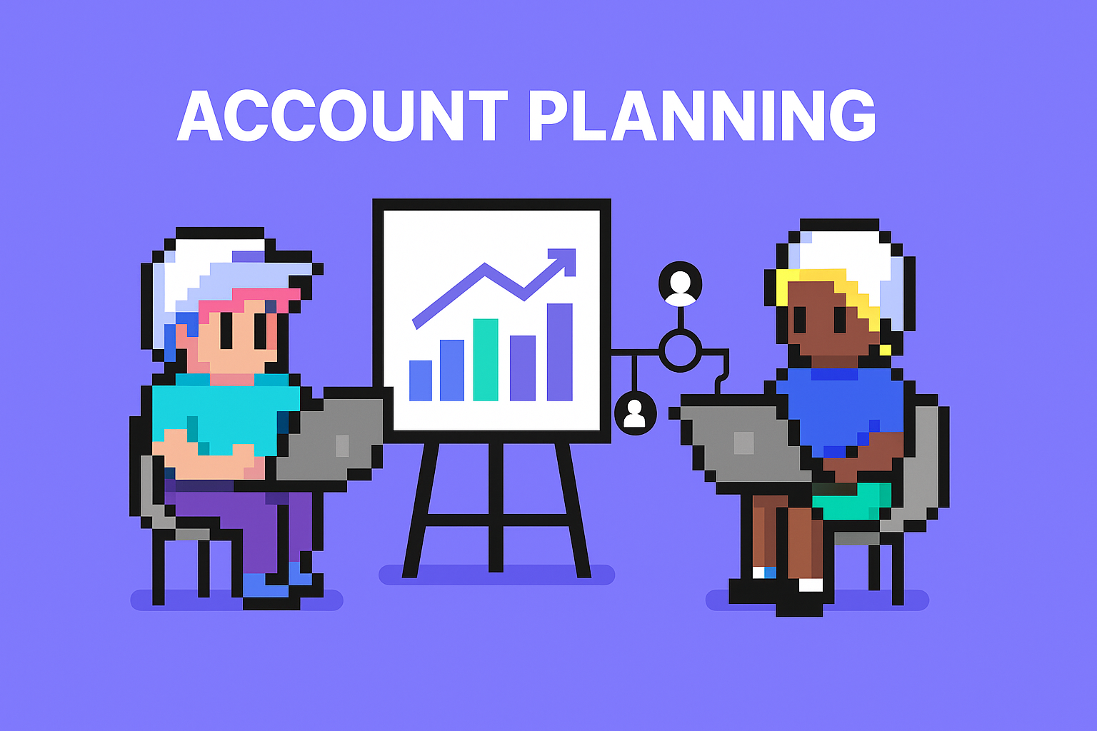 ACCOUNT PLANNING - Strategic account planning meeting with AI agents showing two key account managers collaborating with laptops and growth chart presentation