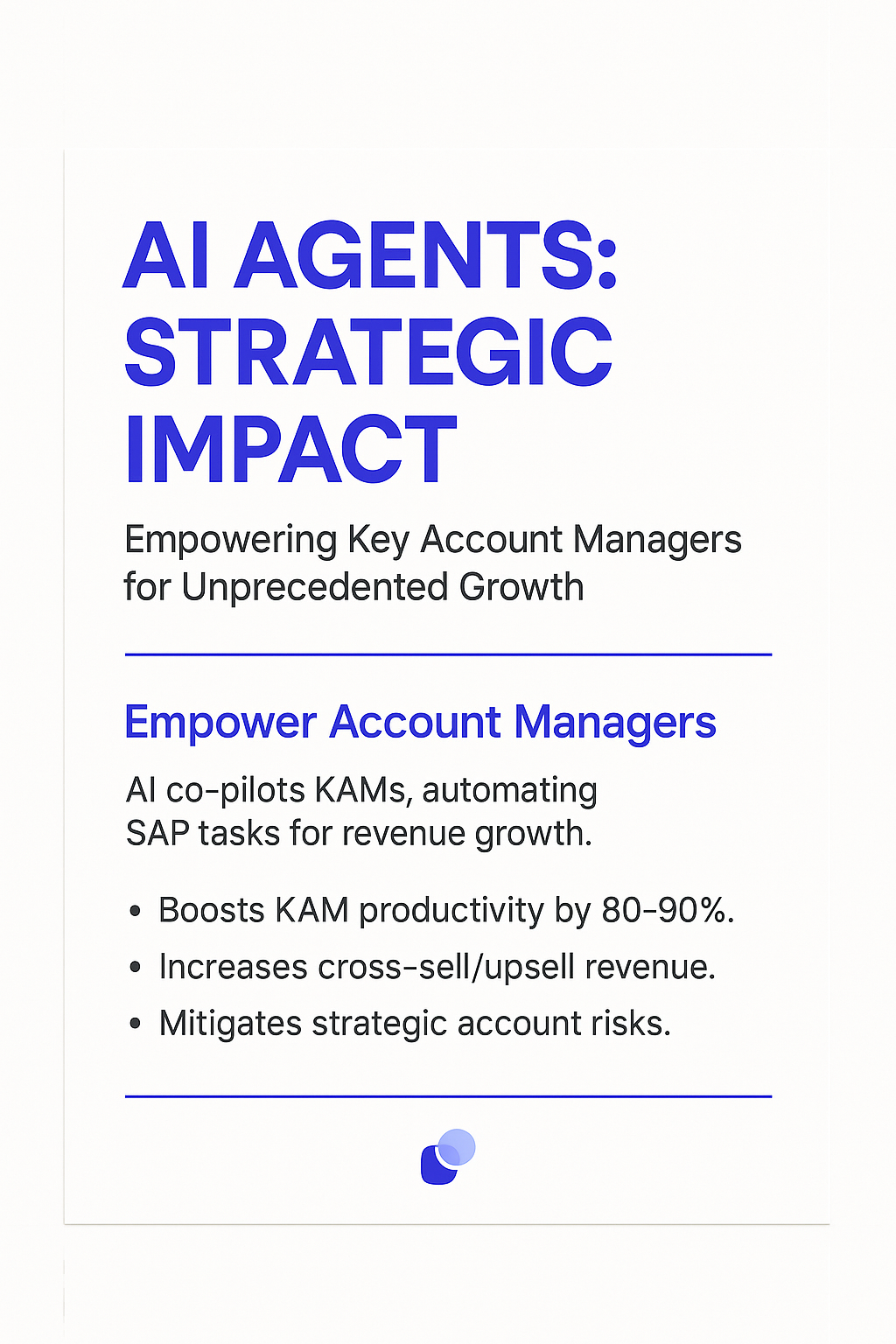 AI Agents Strategic Impact infographic - empowering key account managers for unprecedented growth with 80-90% productivity boost, increased cross-sell upsell revenue, and strategic account risk mitigation