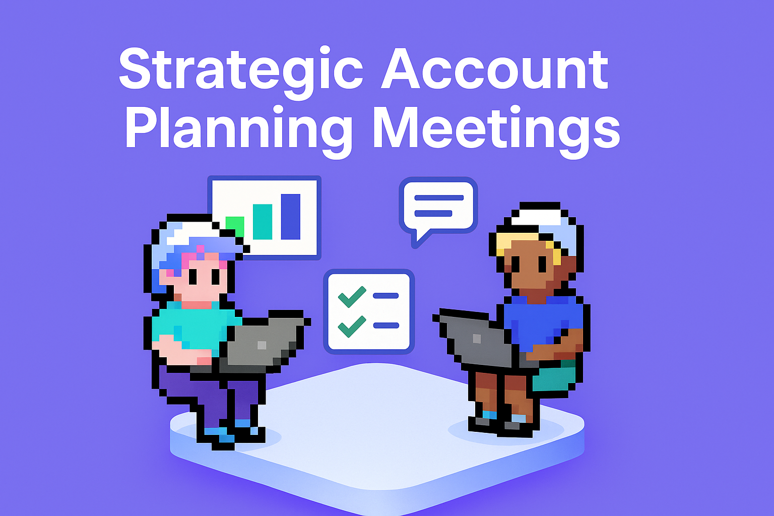 Strategic Account Planning Meetings - two AI agents collaborating on laptops with data visualization charts and account strategy planning tools