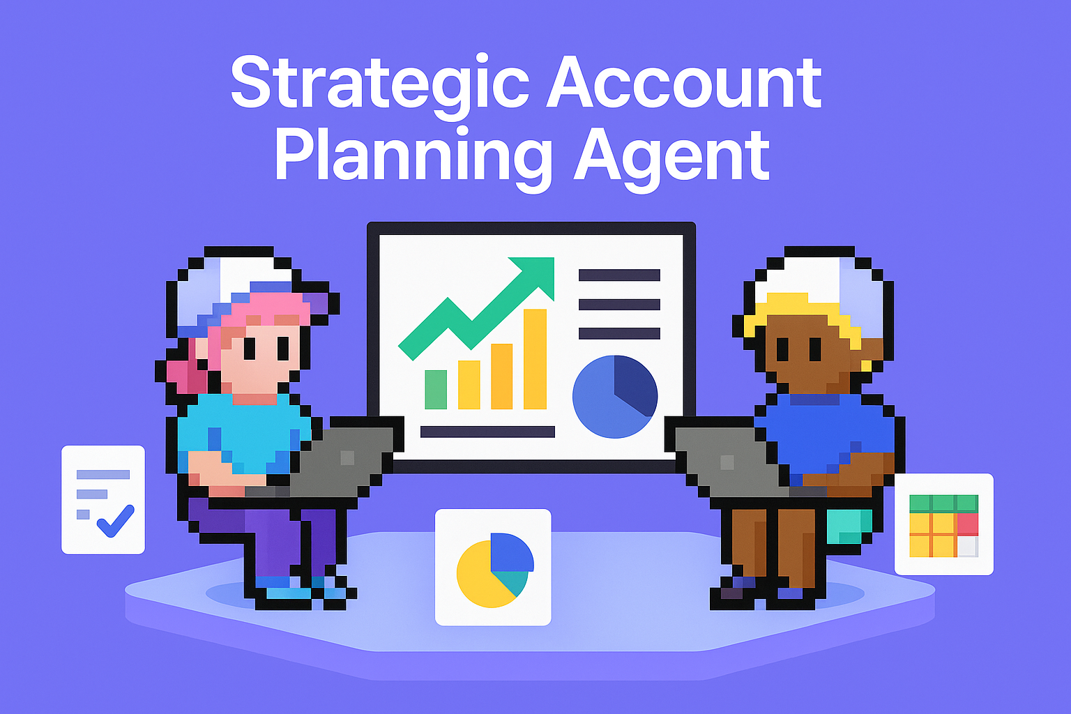 Strategic Account Planning Agent - two key account managers analyzing data charts and graphs for account strategy plan development and strategic account management