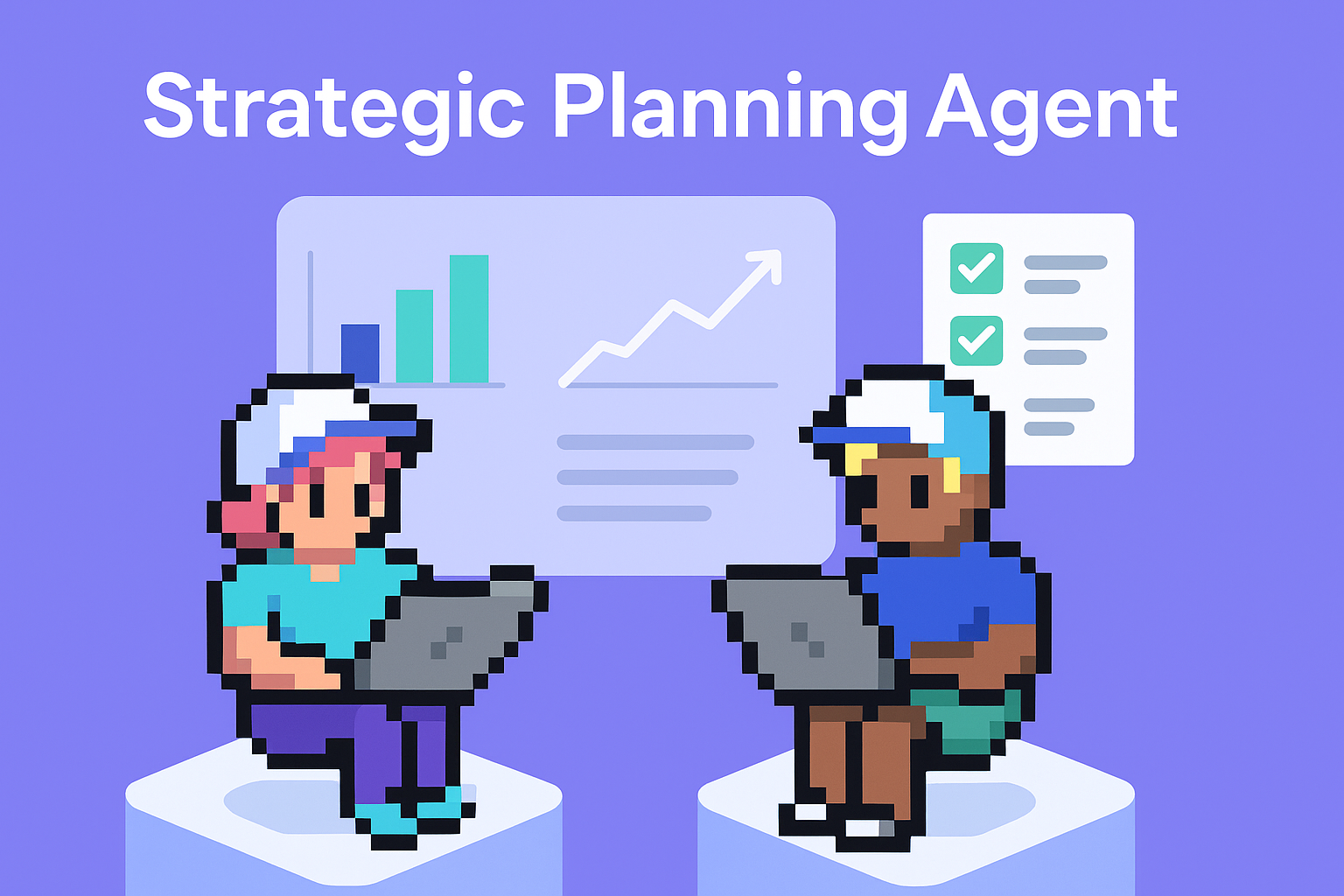 Strategic Planning Agent - Two AI agents with laptops analyzing data charts and strategic planning meeting agenda for key account managers