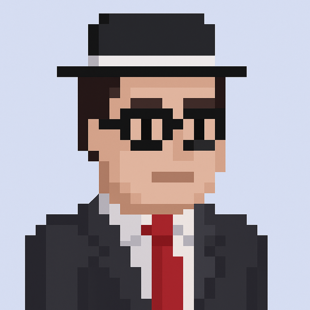 Professional pixel art avatar of Key Account Manager AI agent in black suit with glasses and red tie for upsell cross sell meeting automation