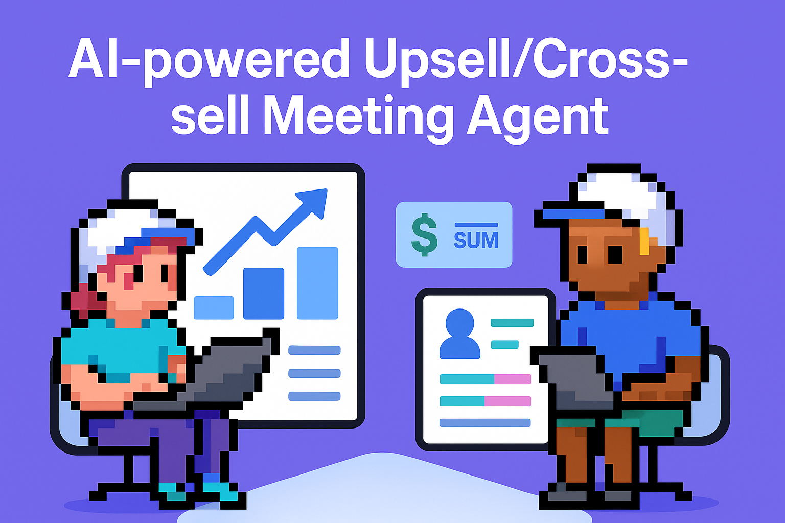 AI-powered Upsell/Cross-sell Meeting Agent illustration showing two Key Account Managers using laptops with analytics charts and SUM dollar sign for sales automation