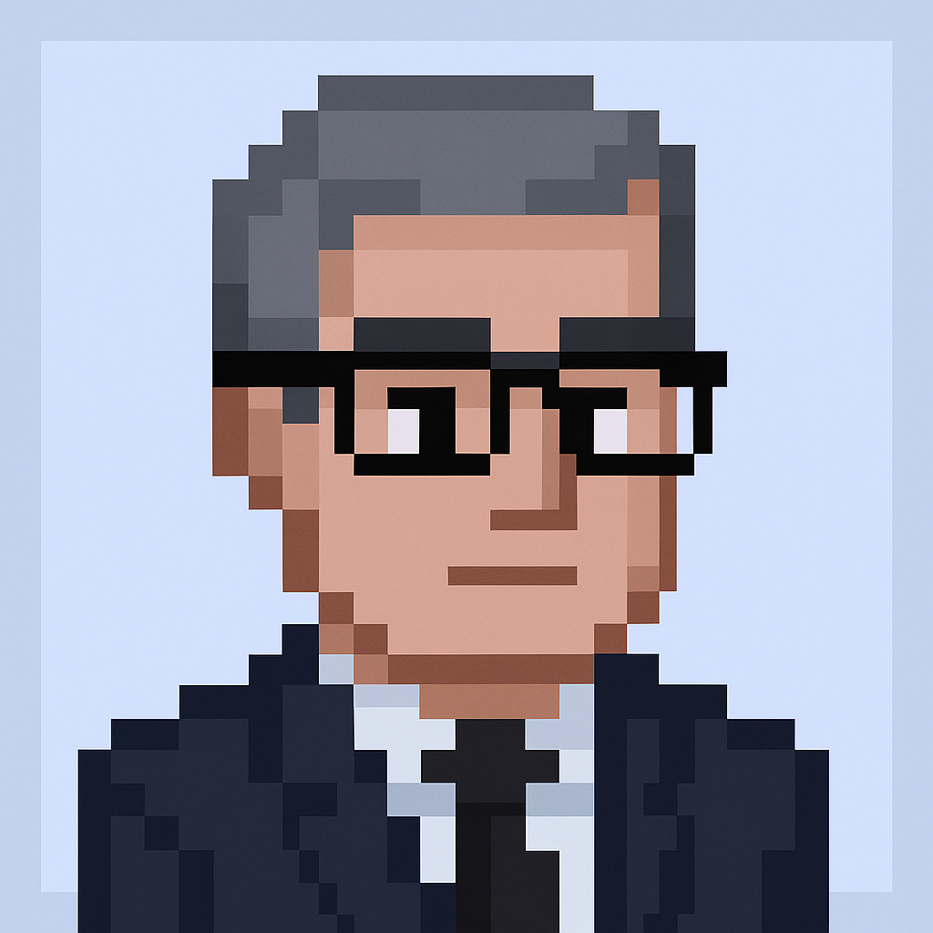 Vendor risk assessment AI agent avatar - professional pixel art character with gray hair and glasses in business suit for vendor management specialists