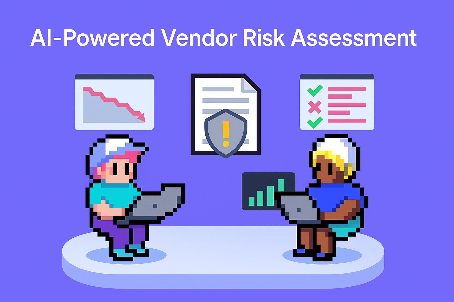 AI-Powered Vendor Risk Assessment - two professionals using laptops with risk monitoring dashboards, compliance checklists, and trend analysis graphs for vendor management