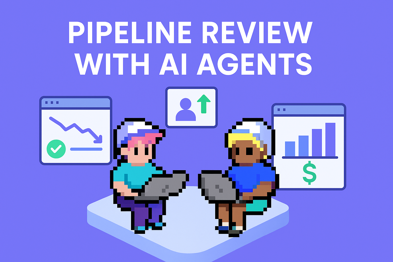 Pipeline Review with AI Agents - two professionals using laptops analyzing sales pipeline data with charts and revenue forecasting graphics