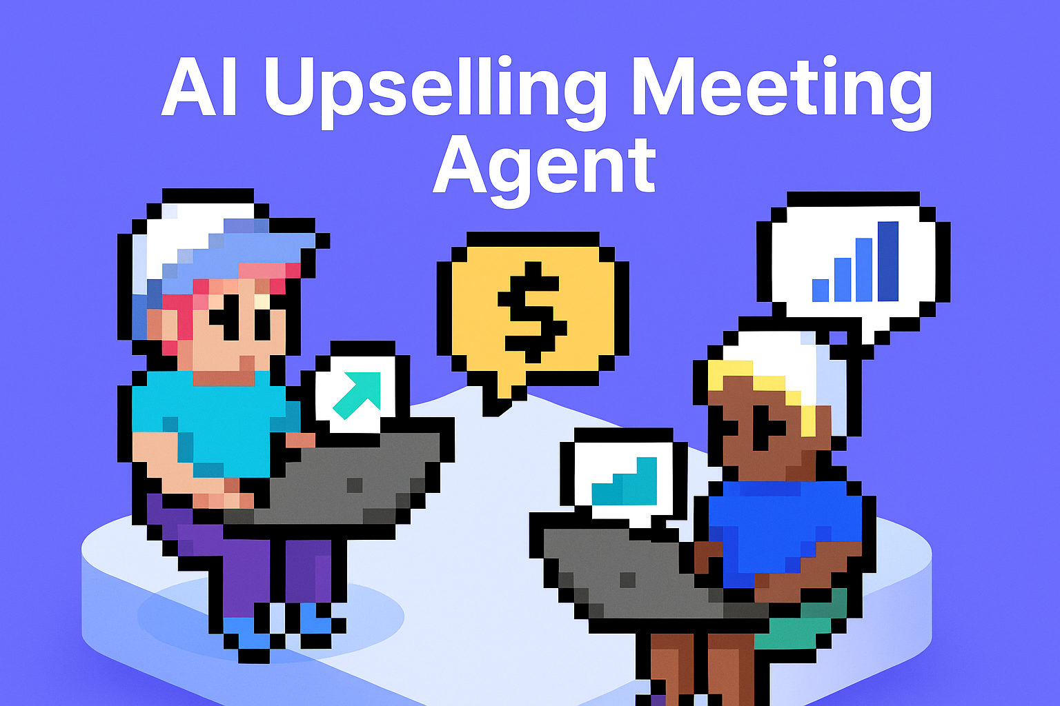 AI Upselling Meeting Agent - Two key account managers using AI-powered laptops with dollar sign and graph analytics for cross-selling opportunities