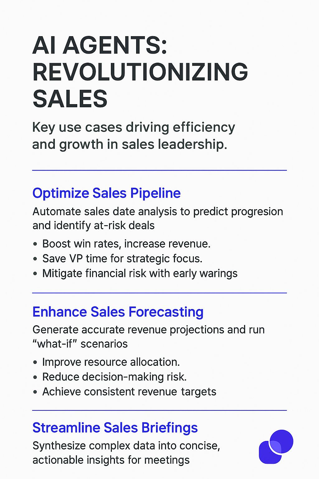 AI Agents Revolutionizing Sales infographic - optimize sales pipeline, enhance sales forecasting, and streamline sales briefings for productive pipeline meetings