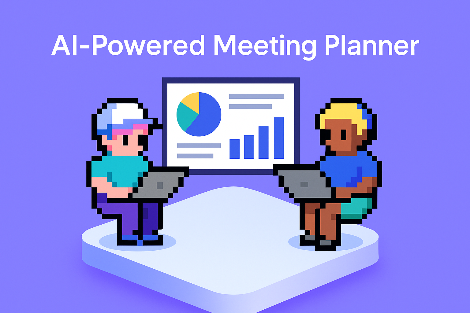 AI-Powered Meeting Planner for system health review meetings showing two Operations Technology Managers using laptops with performance dashboards and analytics charts for IT system monitoring