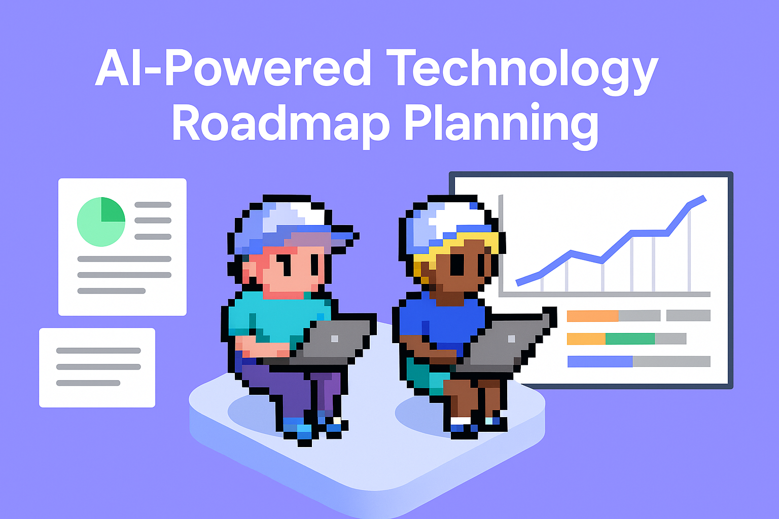 AI-Powered Technology Roadmap Planning - Two technology managers using laptops with charts and data visualization for automated technology roadmap development and strategic IT planning