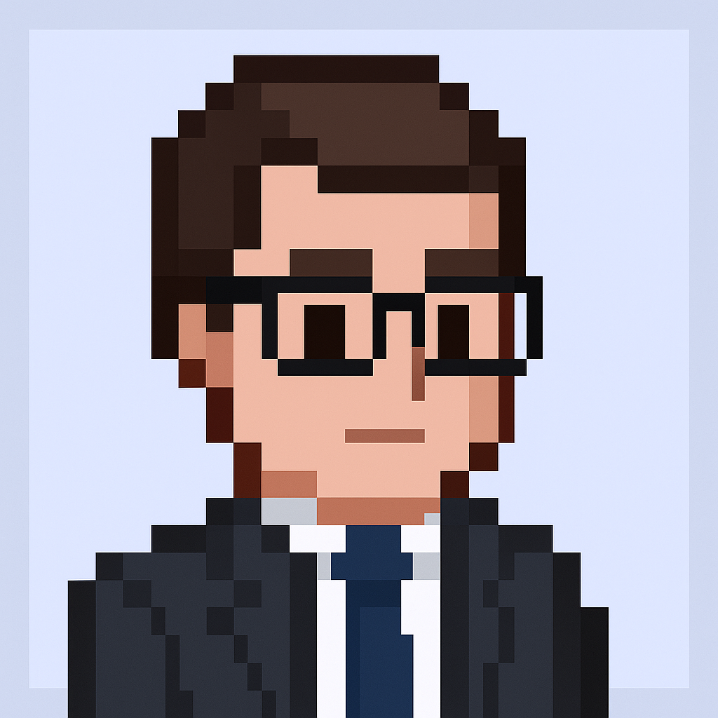 Professional digital transformation manager avatar for technology vendor evaluation meeting agent - pixel art character in business suit with glasses representing AI-powered software vendor selection expertise