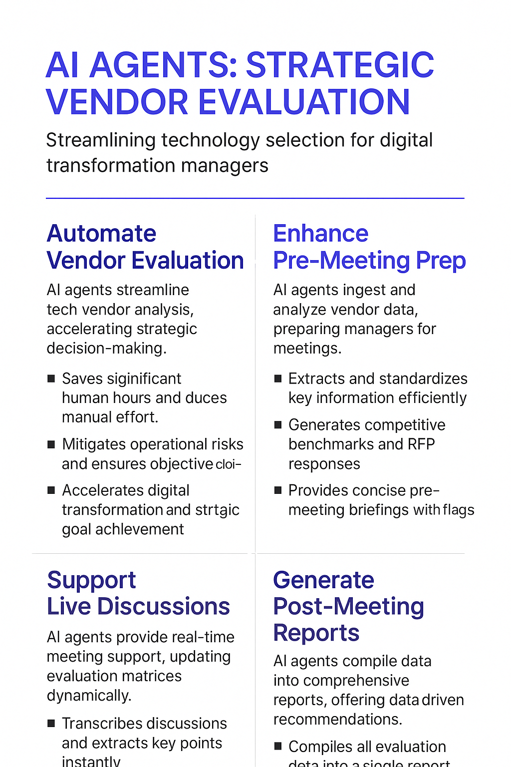 AI Agents Strategic Vendor Evaluation infographic showing how to evaluate vendors technical capabilities through automated evaluation and technology vendor selection
