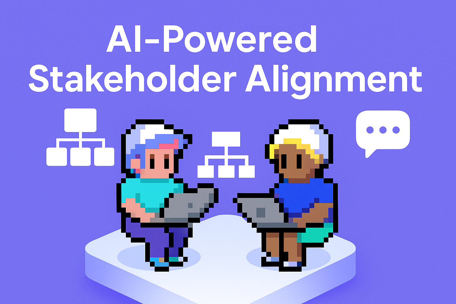 AI-Powered Stakeholder Alignment meeting agent illustration showing two professionals collaborating with laptops and workflow icons